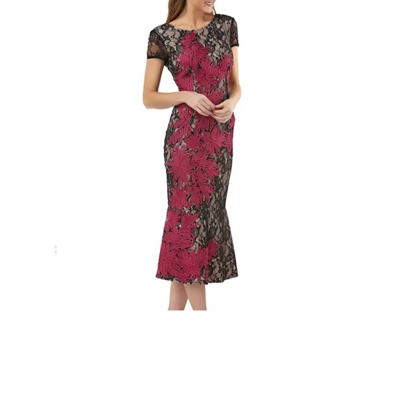 JS Collection Embroidered Lace Midi Dress in Black and Pink - Picture 4 of 12